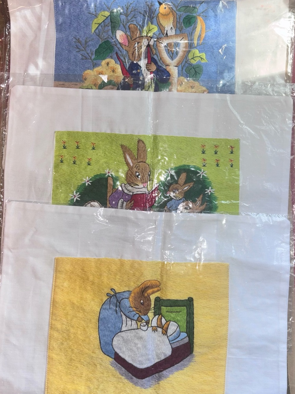 3 Vintage Beatrix Potter P. Rabbit Embroidered Pillow Covers (NOS) Nursery Shams